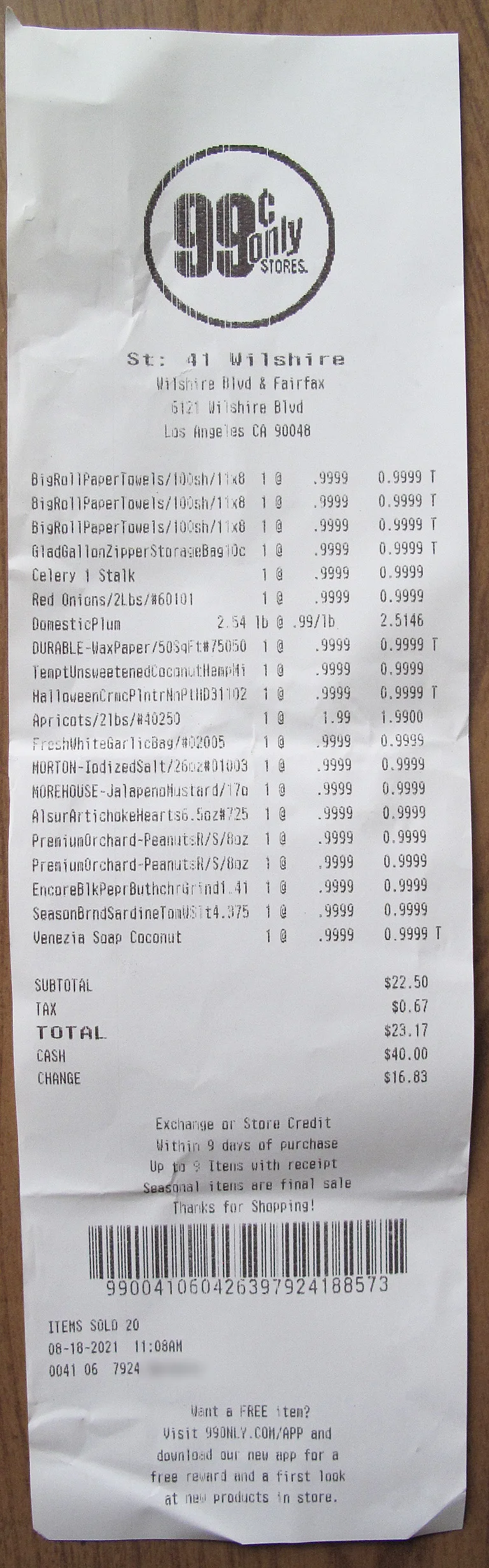 OXR receipt OCR example: phone photo of a supermarket receipt with 20 items, subtotal, tax and total